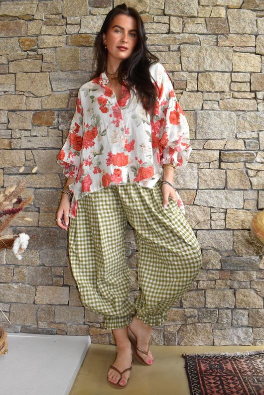 Daughter Of Ibiza Cabbage Rose Balloon Sleeve Shirt Scarlet 